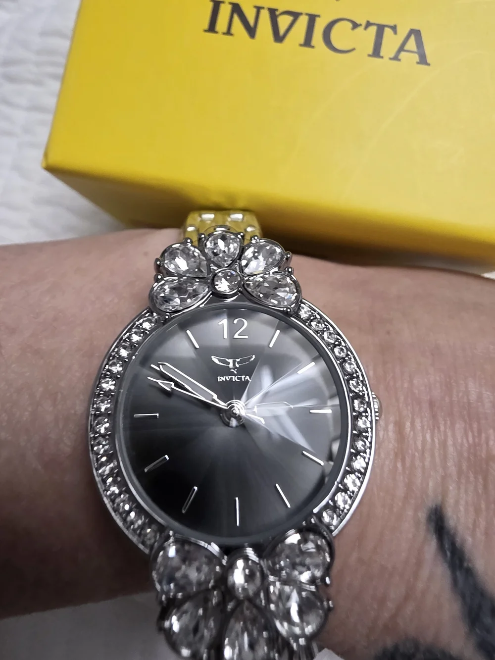 Invicta Wildflower Silver Tone Black Dial Crystal Floral Women’s Watch